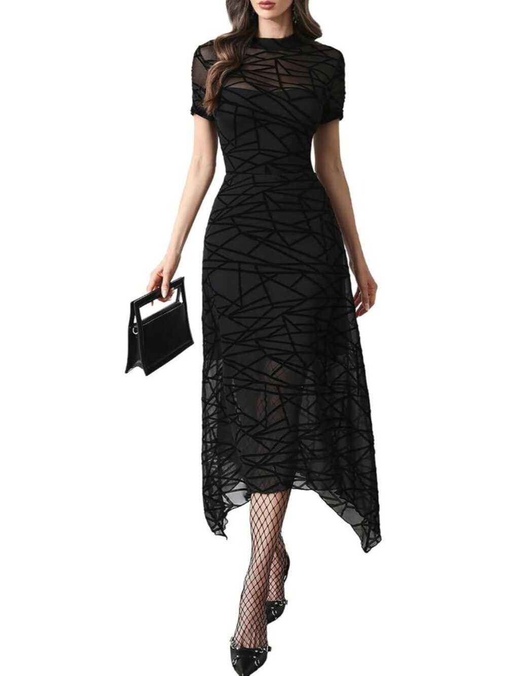 Women's Black Short Sleeve Floral Mesh Elegant Vintage Irregular Hem Midi Dress